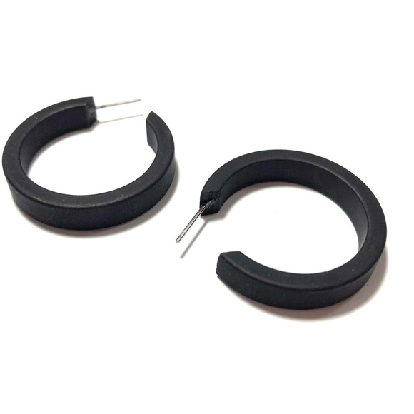 Frosted Vintage Lucite Classic Hoop Black Earrings - Picture 1 of 6
